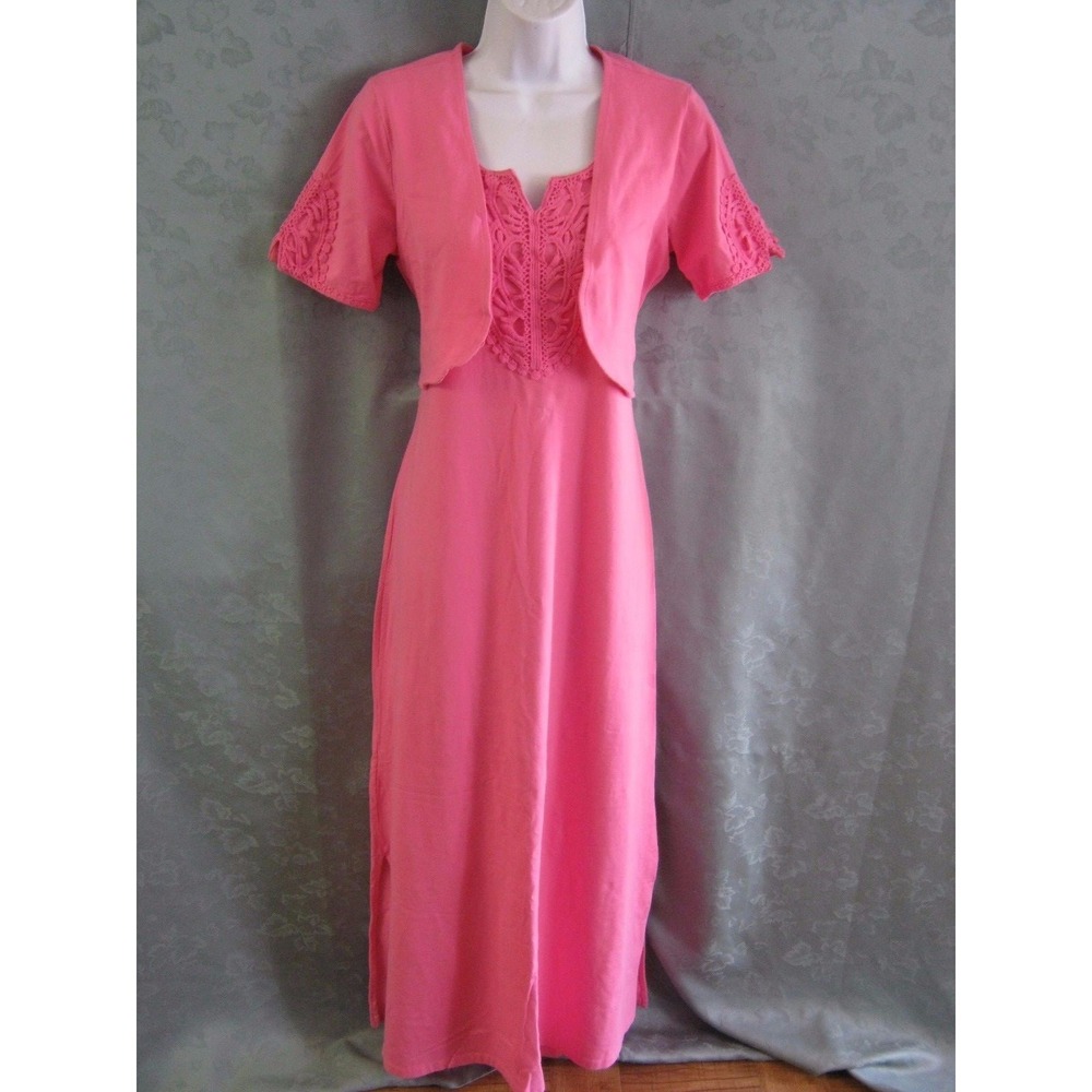 d & co. Long Dress Size XS Pink Lace-Trimmed Stretch Cotton Matching Shrug